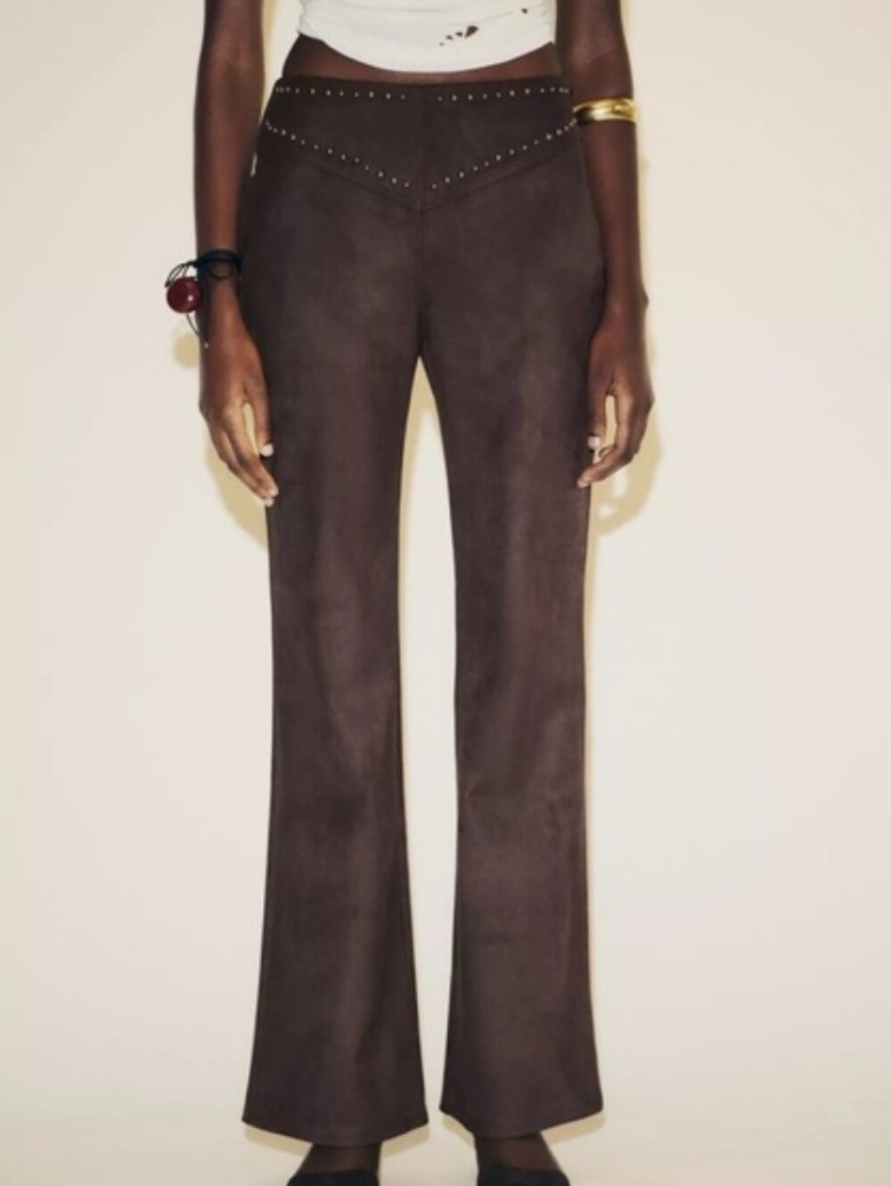 ZARA NWT Faux Suede Studded Flare Pants Brown Size Small 5063/810 Boho Western